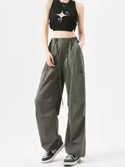 American-Style Parachute Cargo Pants for Women, Spring and Autumn 2026 New High-Waisted Loose Straight-Leg Outdoor Hiking Sports Wide-Leg Pants