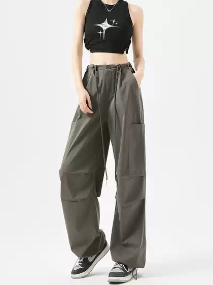 American-Style Parachute Cargo Pants for Women, Spring and Autumn 2026 New High-Waisted Loose Straight-Leg Outdoor Hiking Sports Wide-Leg Pants