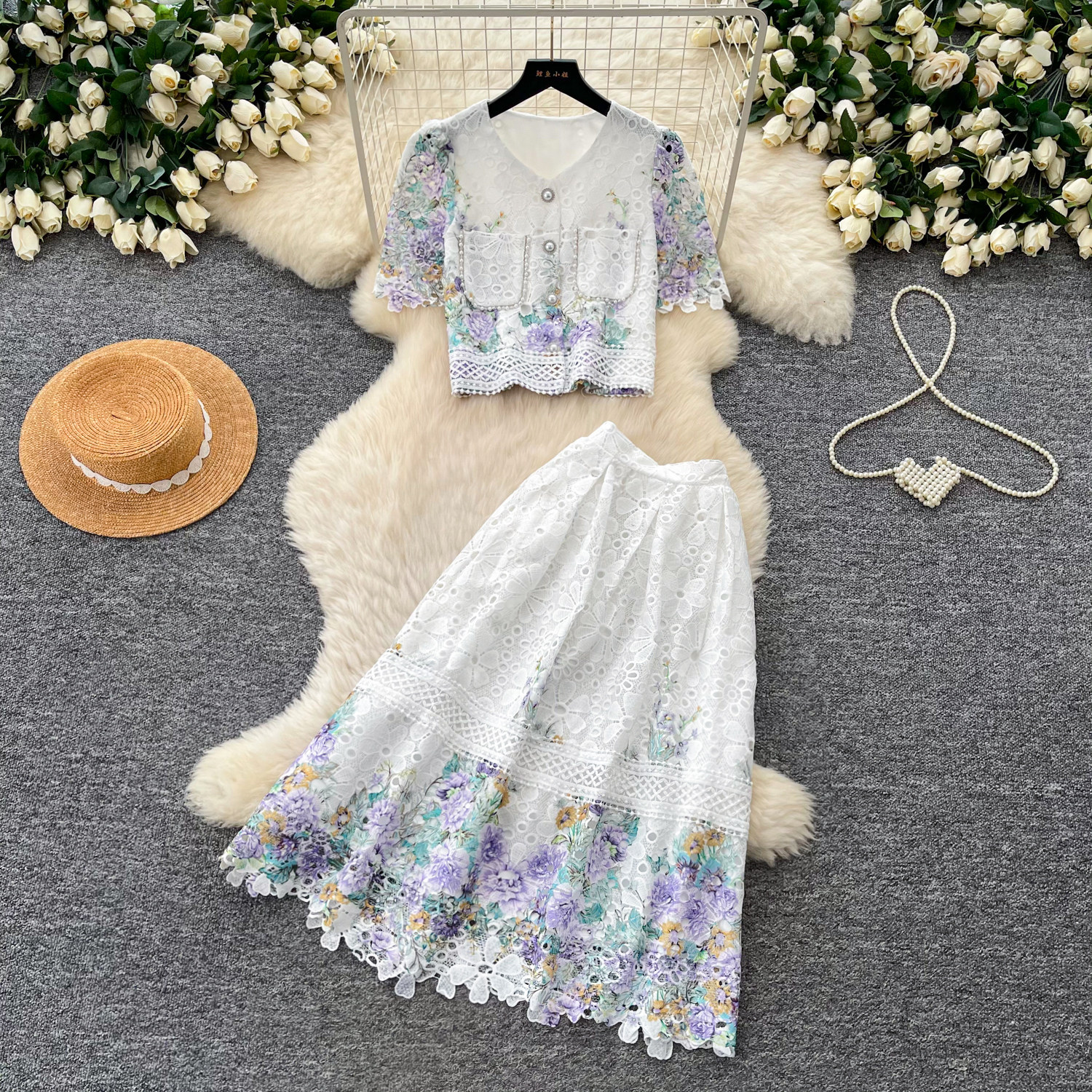 Elegant Womens Two Piece Set Embroidered Lace Top High Waisted Skirt Summer Fashion for Special Occasions Wholesale