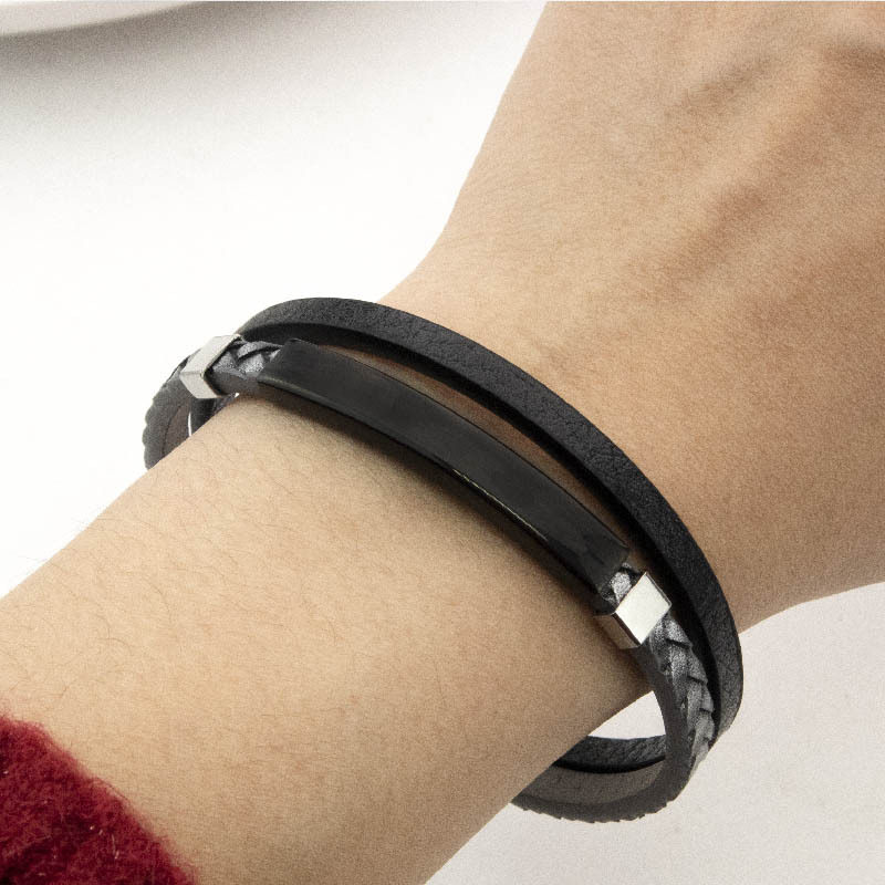 European and American Cross-border PU Leather Woven Distinctive Men's Engraving Bracelet Fashion All-match Titanium Steel Bend Brand Men's Hip-hop Bracelet