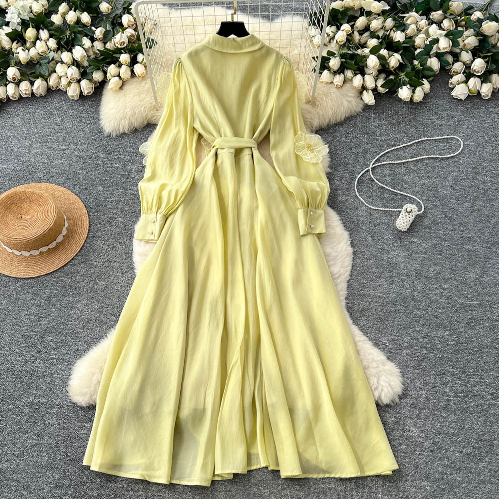 French High End Beaded Floral Long Sleeve Dress Slim Fit Waist Tie Button Closure Autumn Fashion for Women