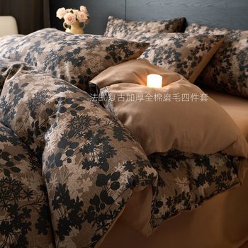 French Retro Cotton Brushed Thickeneded Four-Piece Set Autumn and Winter Pure Cotton Quilt Cover Accessible Luxury High-End Bed Bed Sheets Three-Piece Set