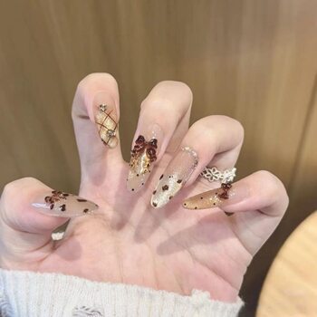 [Golden Autumn Chestnut]Purely Handmade Wearable Nails for Autumn and Winter, Advanced Long False Nail Tips with a Maillard Design