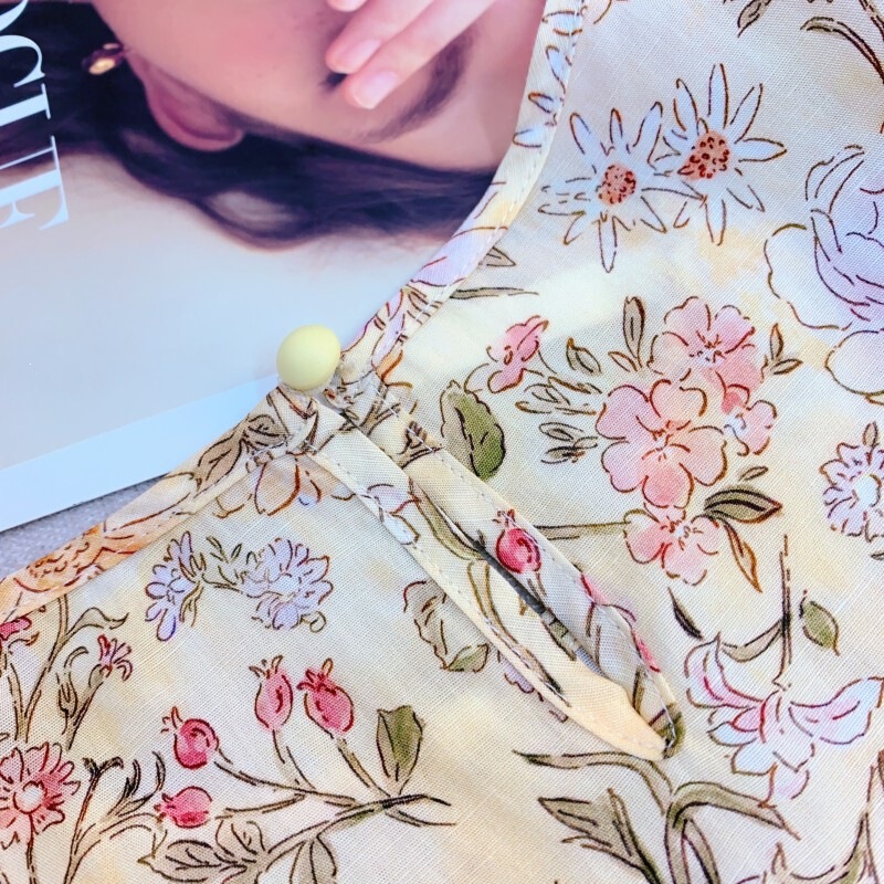 Đầm hoa nhí dáng dài cổ tròn tay bồng chiết eo phong cách thanh lịch — Váy liền màu đỏ, Váy liền màu vàng, Váy liền màu xanh dương