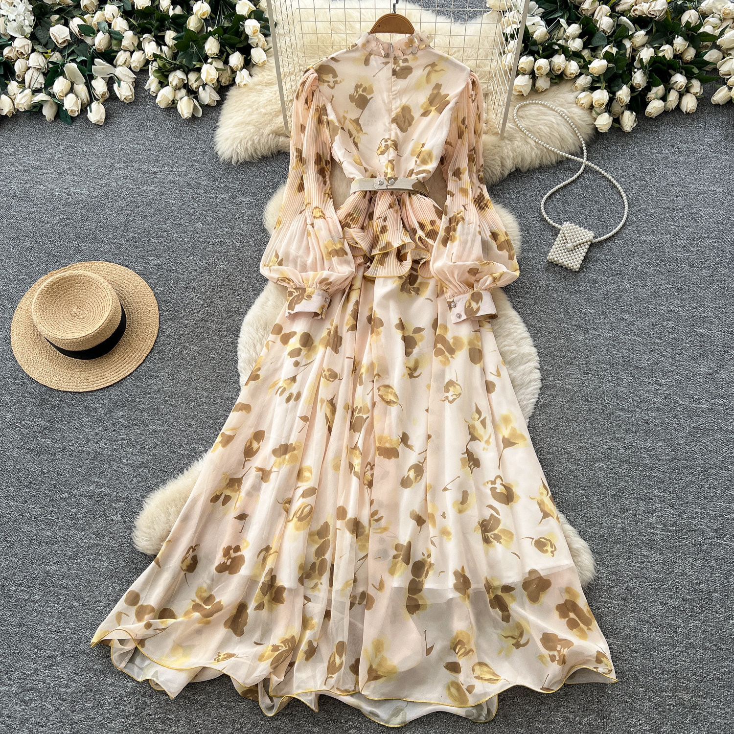 French Style Long Sleeve Stand Collar Lantern Sleeve Printed Chiffon Dress for Women Elegant A Line Silhouette Summer