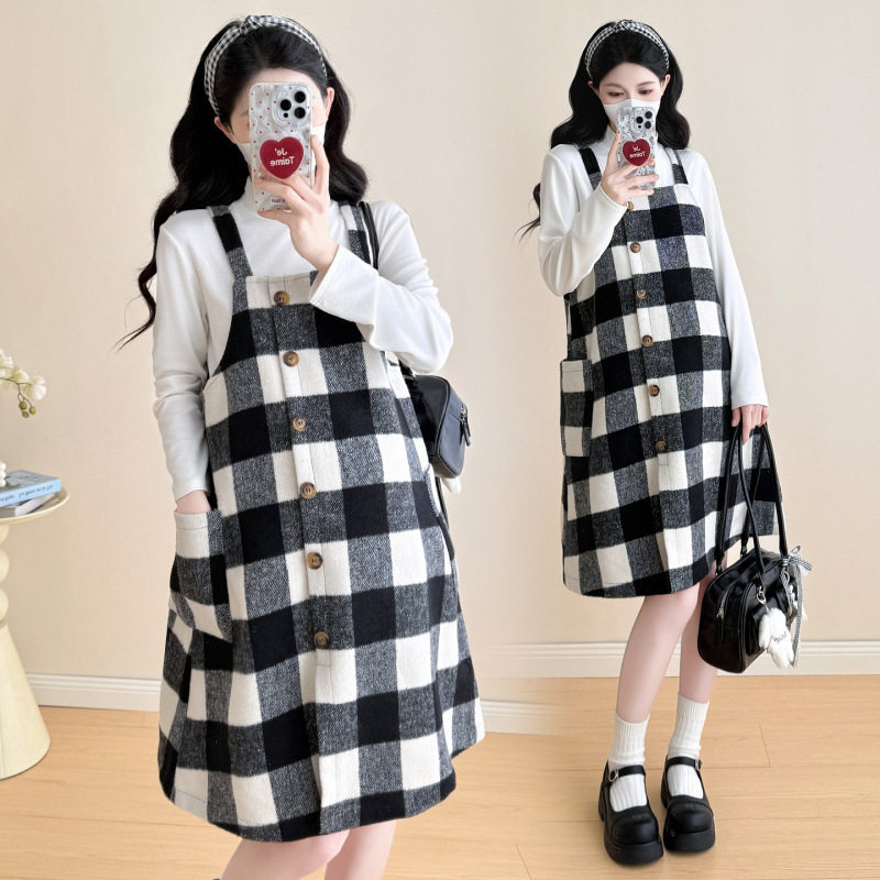 2025 New Autumn and Winter Thickened Comfortable Belly-Covering Suspender Dress, Versatile and Slimming Plaid Maternity Suit Dress for Commuting