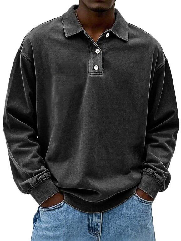 2025 新款跨境亚马逊速卖通春夏季男装长袖POLO衫纯色套头纽扣T恤