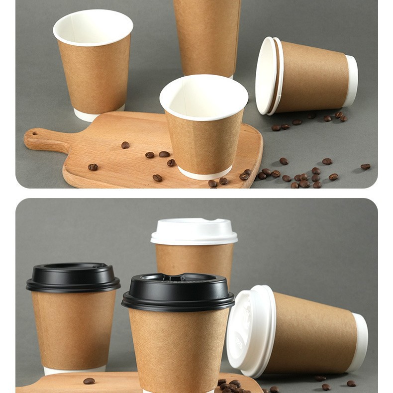 Disposable Coffee Cup Milk Tea Soybean Milk with Lid Commercial Household Paper Cup Takeaway Packaging Hot Drink Cup Hollow Heat Insulation Cup
