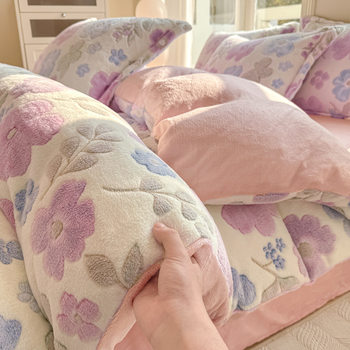 25 Autumn and Winter Snowflake Velvet Four-Piece Set Fleece-Lined Thickeneded Quilt Cover Student Dormitory Milk Velvet Bed Sheetss French Velvet Single Quilt Cover