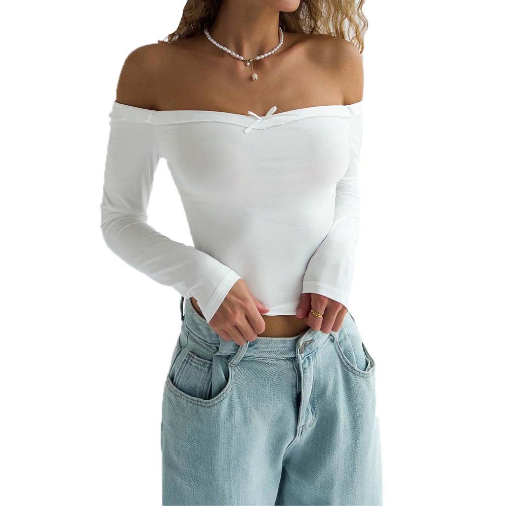 Off Shoulder T Shirt Sexy Slim Fit Short Length Spring Summer Style Womens Casual Wear Wholesale Available