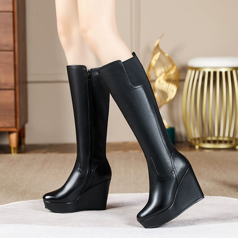 Boot nữ cổ cao gót xuồng mũi tròn phong cách Âu Mỹ tôn dáng — Màu đen lót một lớp, Màu đen lót nhung