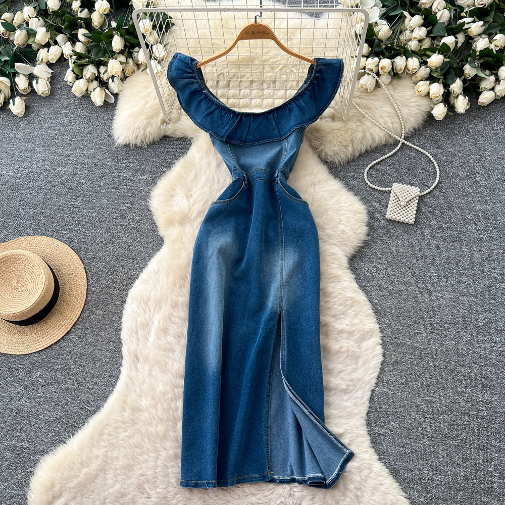Slim Fit Denim Dress for Women Ruffled Neckline Waist Defined A Line Silhouette Summer Casual Wear Wholesale