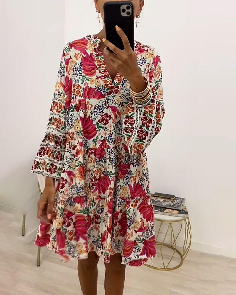 Casual Floral Print V Neck Long Sleeve Maxi Dress for Women Loose Fit Summer Style Available for Wholesale