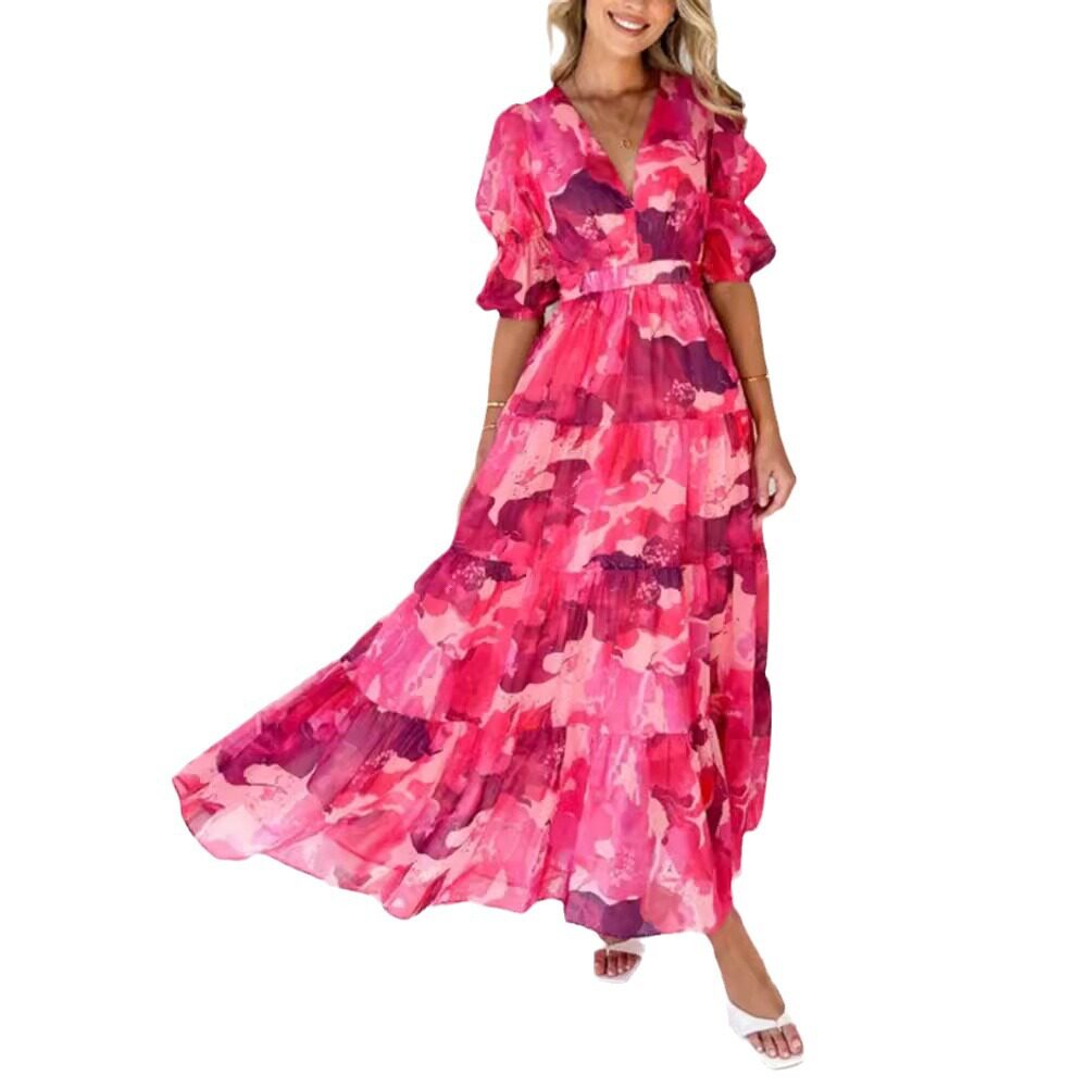 Floral Print V Neck Puff Sleeve Dress Waist Defining Summer Style Perfect for Casual Outings Wholesale Available