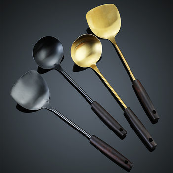 304 Stainless Steel Kitchenware Set Black Titanium Plated Vintage Beech Handle Kitchen Household Golden Spatula Soup Spoon
