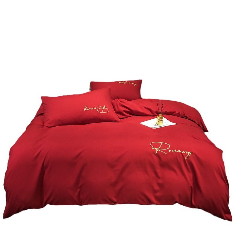 New pure color washed cotton embroidery four-piece set high-end red wedding bedding student dormitory quilt cover wholesale