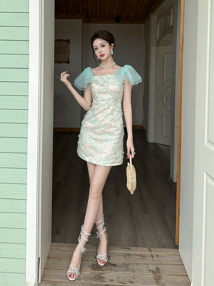 Đầm midi suông tay bồng cổ vuông phong cách Pháp cho nữ teen — [Xanh lá] chi tiết 10