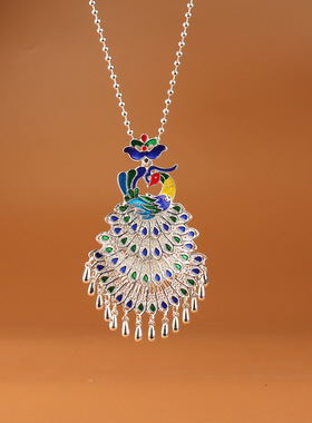 复古孔雀毛衣链镀银民族风项链文艺仙女夸张链苗族景区冰箱贴吊坠