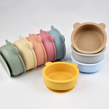Cross-Border Food-Grade Silicone Bowl, Children's Dinner Plate, Feeding Tableware, Baby Food Supplement Bowl, Baby Bear Suction Cup Bowl, Anti-Fall