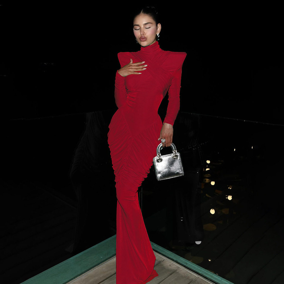 High Neck Long Sleeve Bodycon Dress Solid Color Ruffled Design Elegant Style Autumn Winter Fashion Wholesale