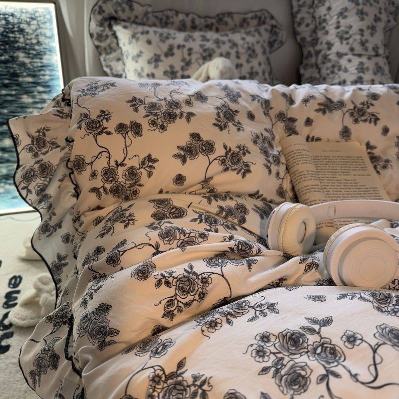 Ins Pastoral Floral Lace Quilt Cover Bed Sheets Double Bed Skirt Four-Piece Set Universal Washed Cotton Dormitory Three-Piece Set