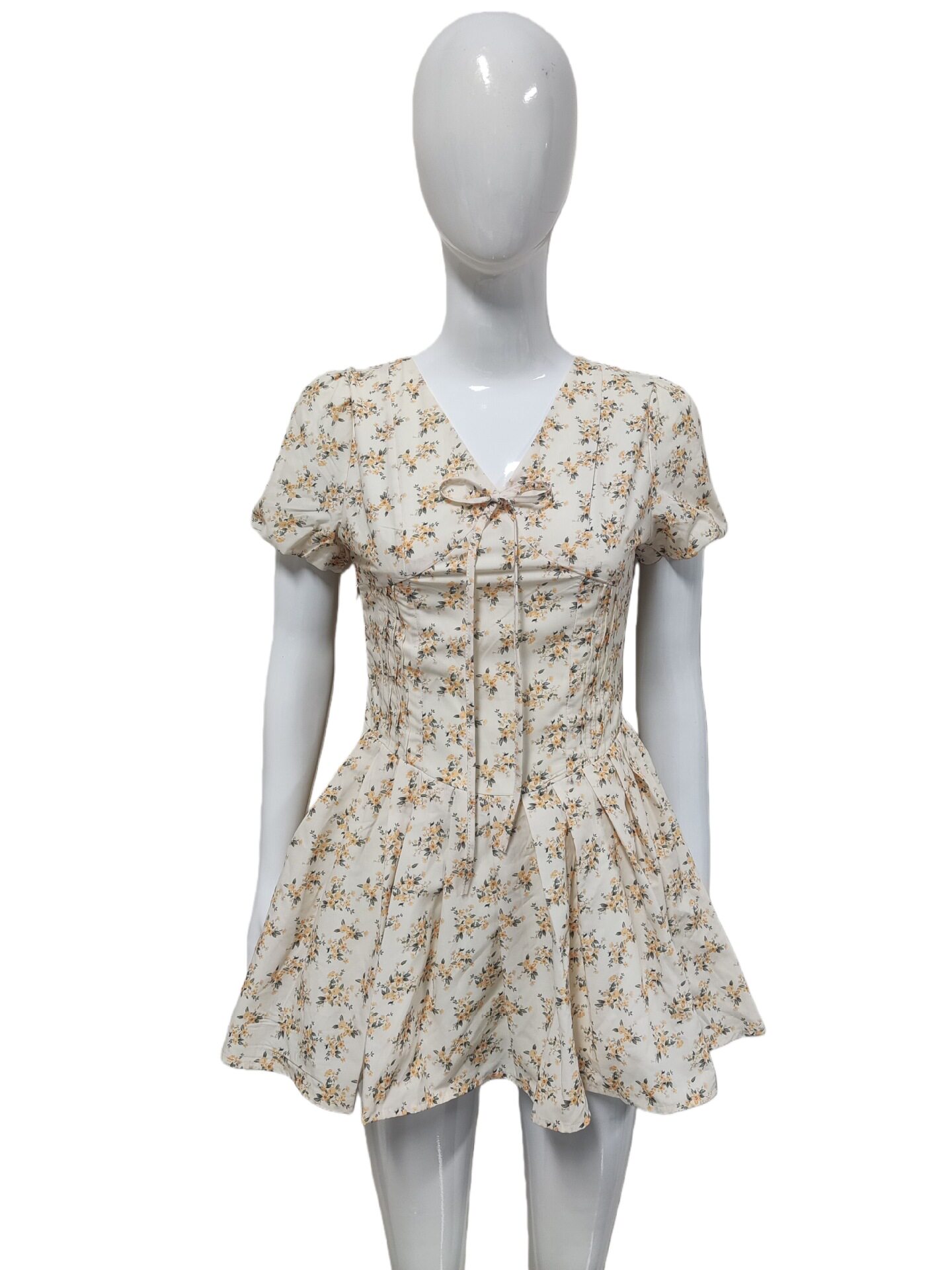 Floral Puff Sleeve V Neck Dress Slim Fit Retro French Style Summer Fashion Perfect for Parties and Casual Outings