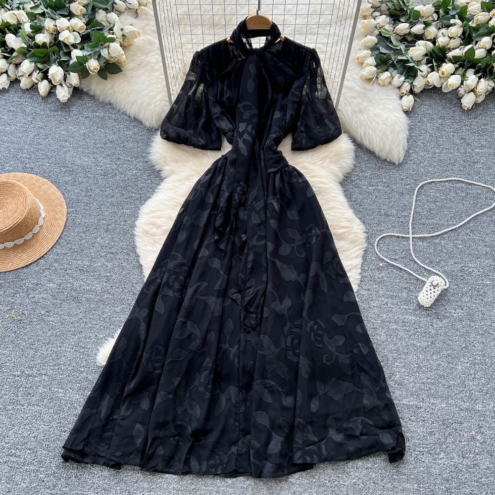 French Style Lantern Sleeve Dress Bow Tie Waist Defined Floral Mesh Elegant and Flowing Perfect for Parties and