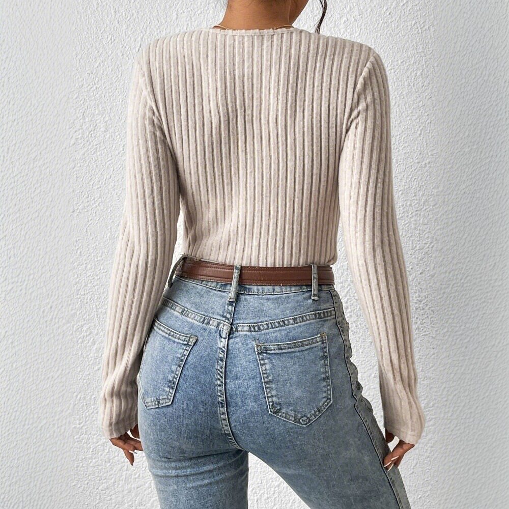 Womens Slim Fit V Neck Long Sleeve T Shirt Ribbed Fabric Soft Touch Elegant Style Spring Summer Collection