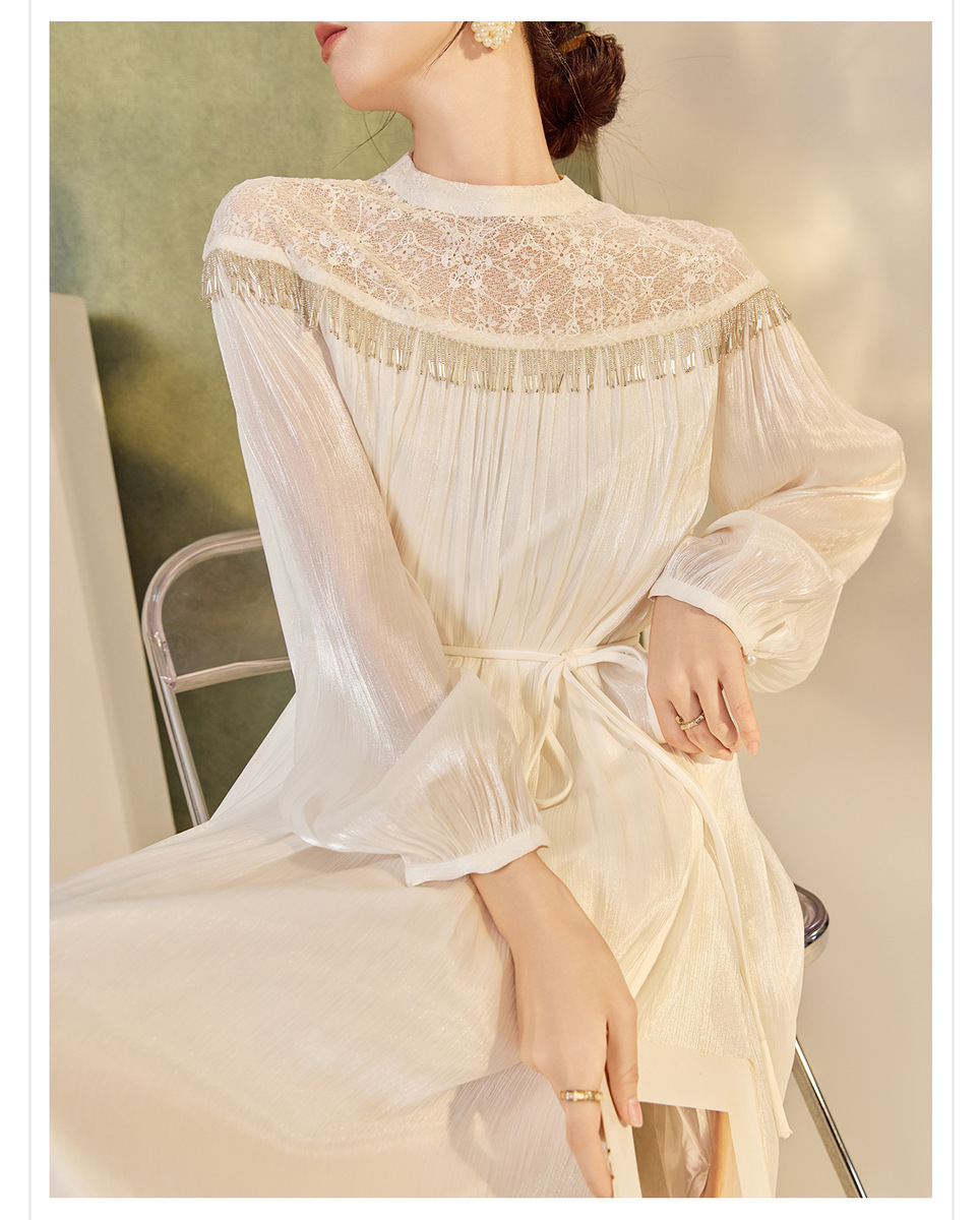Đầm dài tay ren tua rua dáng xòe thanh lịch — Trắng lụa tuyết (giao hàng trong ngày), Trắng tuyết satin (giao hàng trong 7 ngày)
