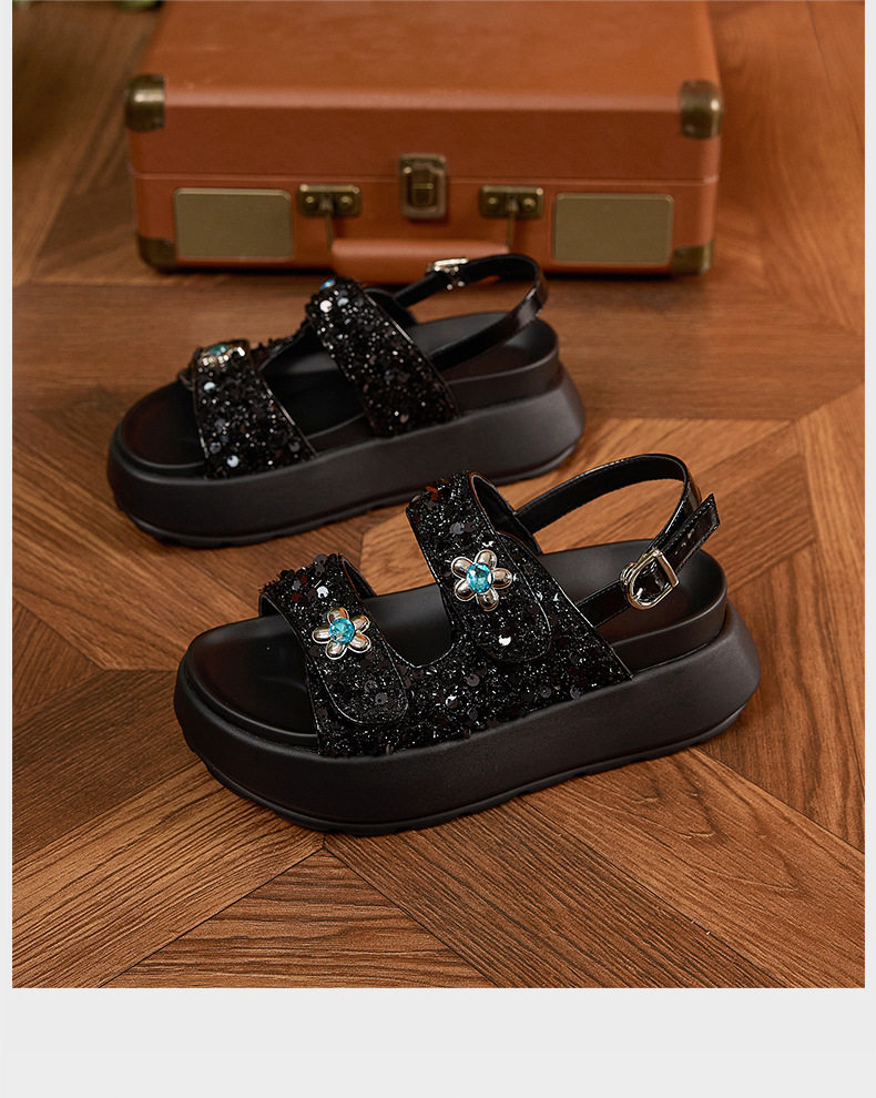 Sandal nữ quai chữ V đế dày chống trượt phong cách thành thị — Đen, Bạc chi tiết 19
