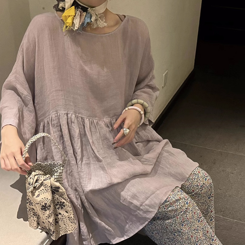 Áo sơ mi nữ vải lanh dáng rộng cổ tròn hai mặt mặc được — Mặc cả tích cực và tiêu cực, Nâu gốm cát, Tím đinh hương, Trắng ngọc trai