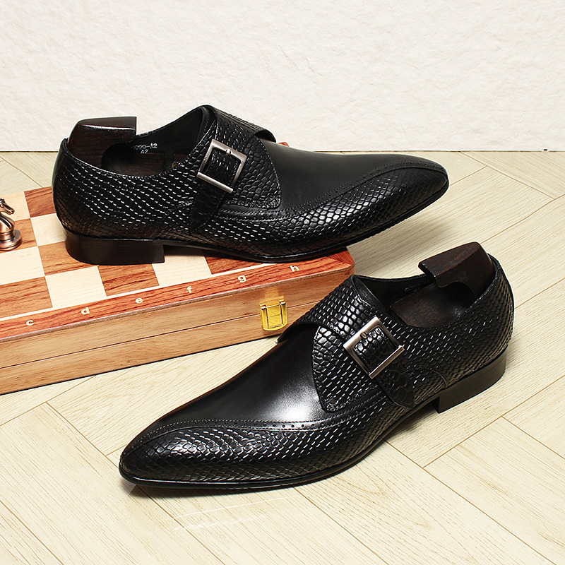 Giày da nam mũi nhọn khóa cài kiểu monk strap thanh lịch — Màu đen, Màu nâu đỏ