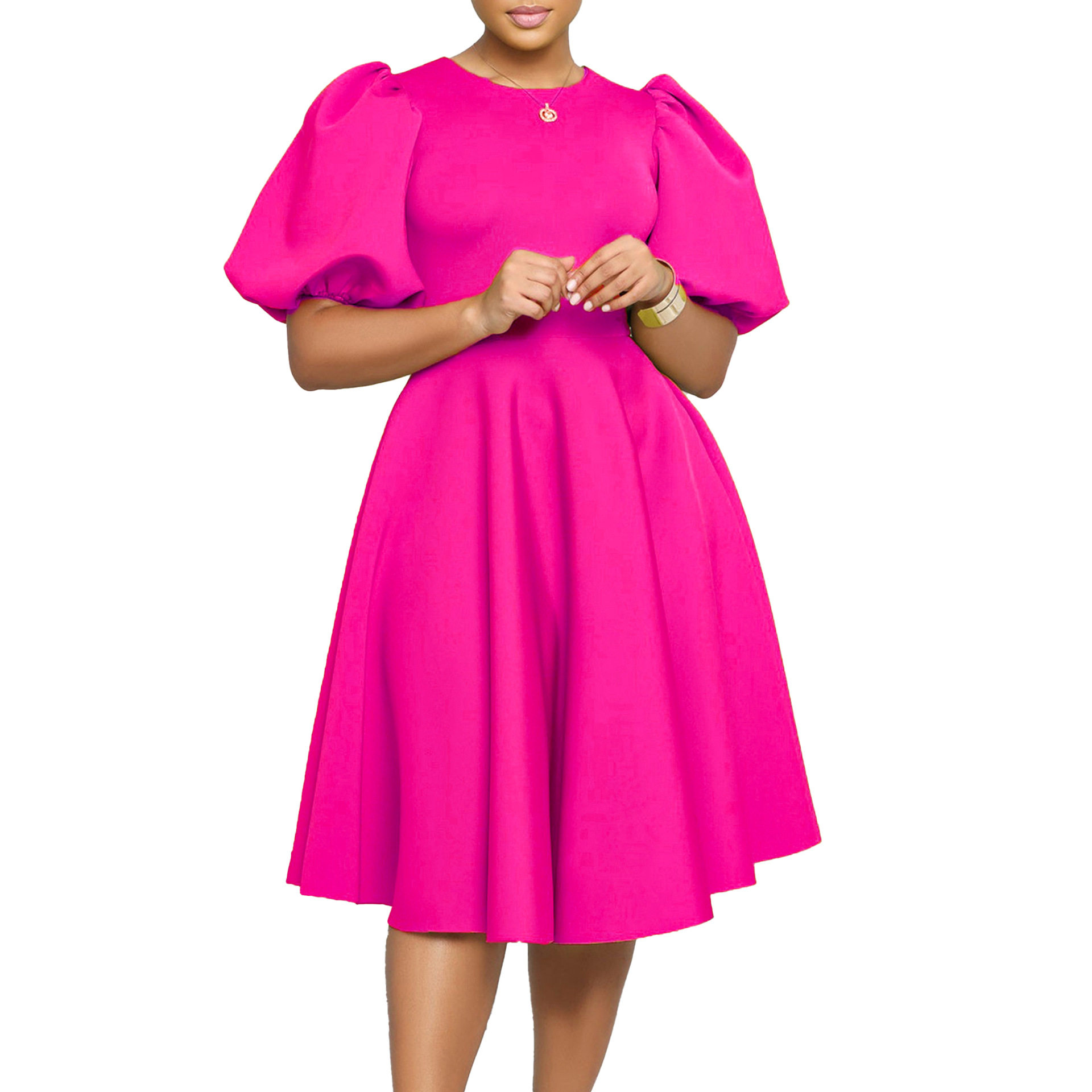 A Line Dress Round Neck Puff Sleeves Waist Defined Flowy Hem Elegant Evening Wear Wholesale Available