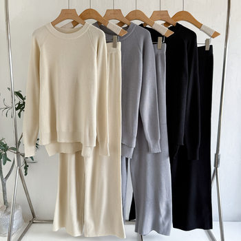 Cross-Border Winter New Thickened Sweater Suit for Women, Loose Knitted Long-Sleeved Round Neck, Fashionable Wide-Leg Pants Two-Piece Set for Women