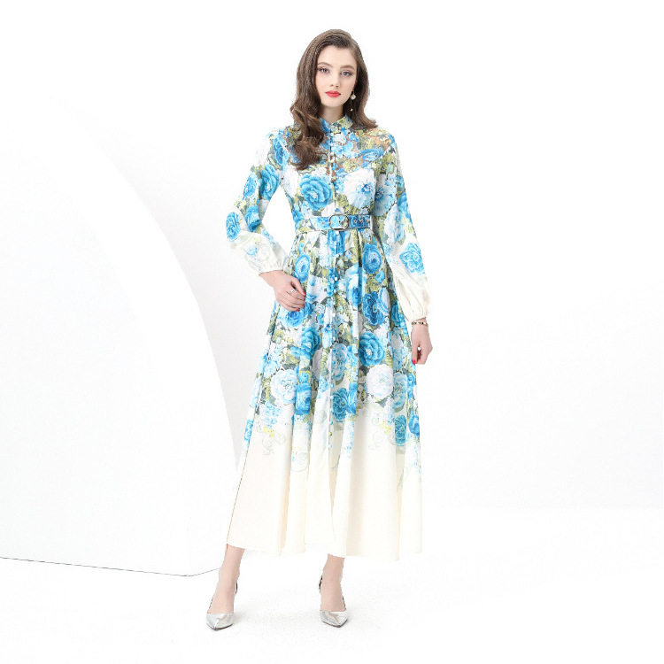 French Style Womens Vacation Dress Waist Defined Lantern Sleeves Floral Print Button Closure Flared Long Skirt