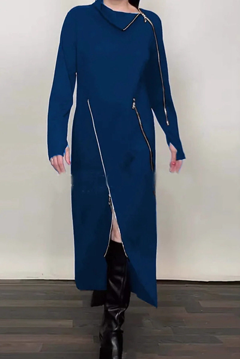Winter Casual Solid Color High Neck Zip Long Sleeve Dress Stylish Comfortable Versatile Perfect for Everyday Wear