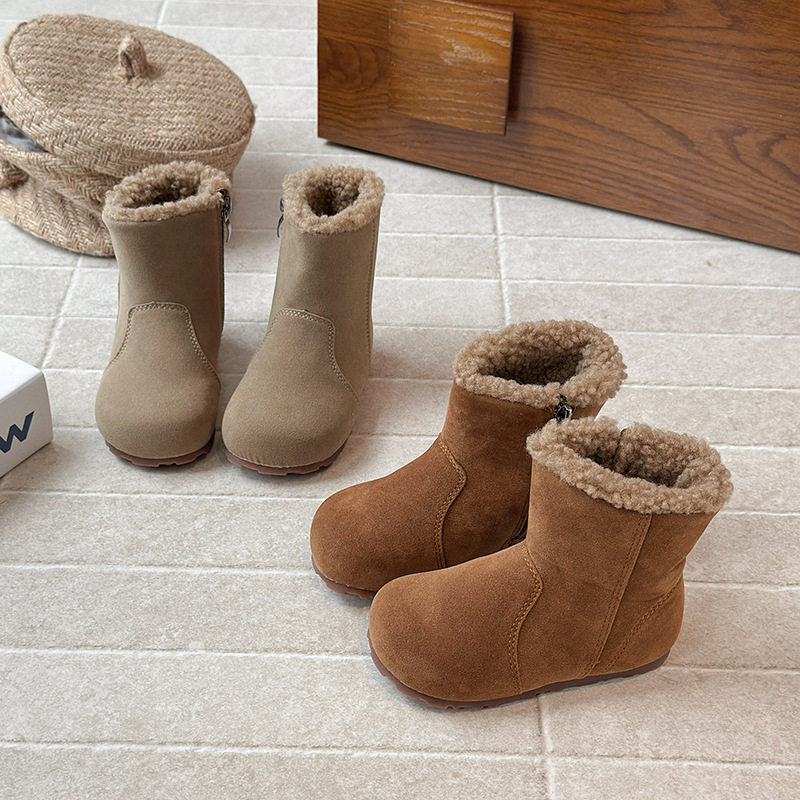 Ins Retro Birkenstock Boots 2025 Winter New Korean Style Girls' Fleece-Lined Mid-Calf Boots Boys' Warm Furry Cotton Boots