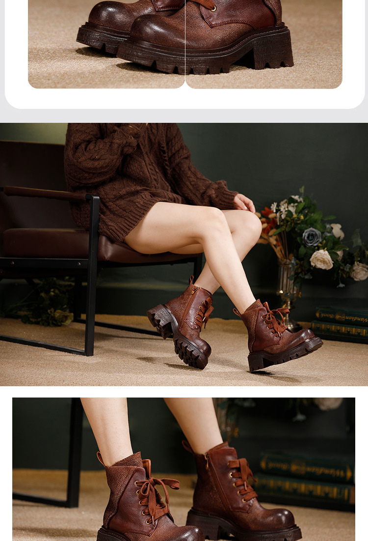 Boot Martin nữ cổ ngắn da bò thật, gót cao 6-8cm, khóa kéo bên hông — màu cà phê