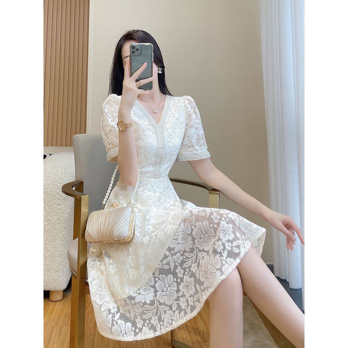 Lace Midi Dress for Women Elegant Fit and Flare Silhouette Summer Casual Wear Available in White and Apricot