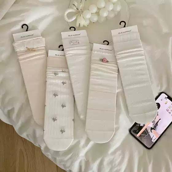 Women's Socks Japanese Sweet Style Rose Accessories Mid-Calf Socks Ins Label Korean Style Girl Bowknot Slouch Socks Seamless