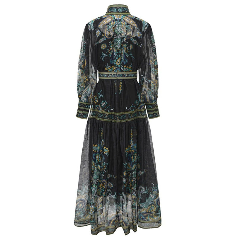 Vintage European Style Floral Print Lantern Sleeve Maxi Dress Sheer Mesh Panels Waist Defining Flattering Fit Formal