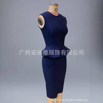 Blue Bandage Skirt Two-Piece Set, Elegant Round Neck, Ruffled French Style, Exquisite Sleeveless Top, Hip-Hugging Slim Skirt