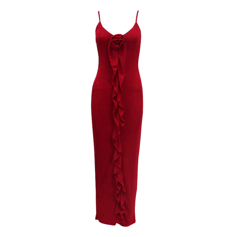 Fashionable Slim Fit Solid Color Ruffled Hem High Waist Maxi Dress for Women Elegant Sleeveless Design Perfect for