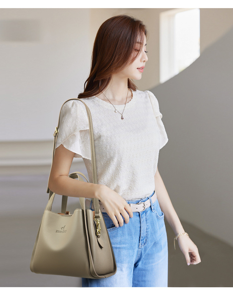 Túi xách nữ da mềm dáng xô có quai đeo vai và dây đeo chéo — Màu đen, Màu kaki nhạt, Màu xanh lá, Màu xanh lam