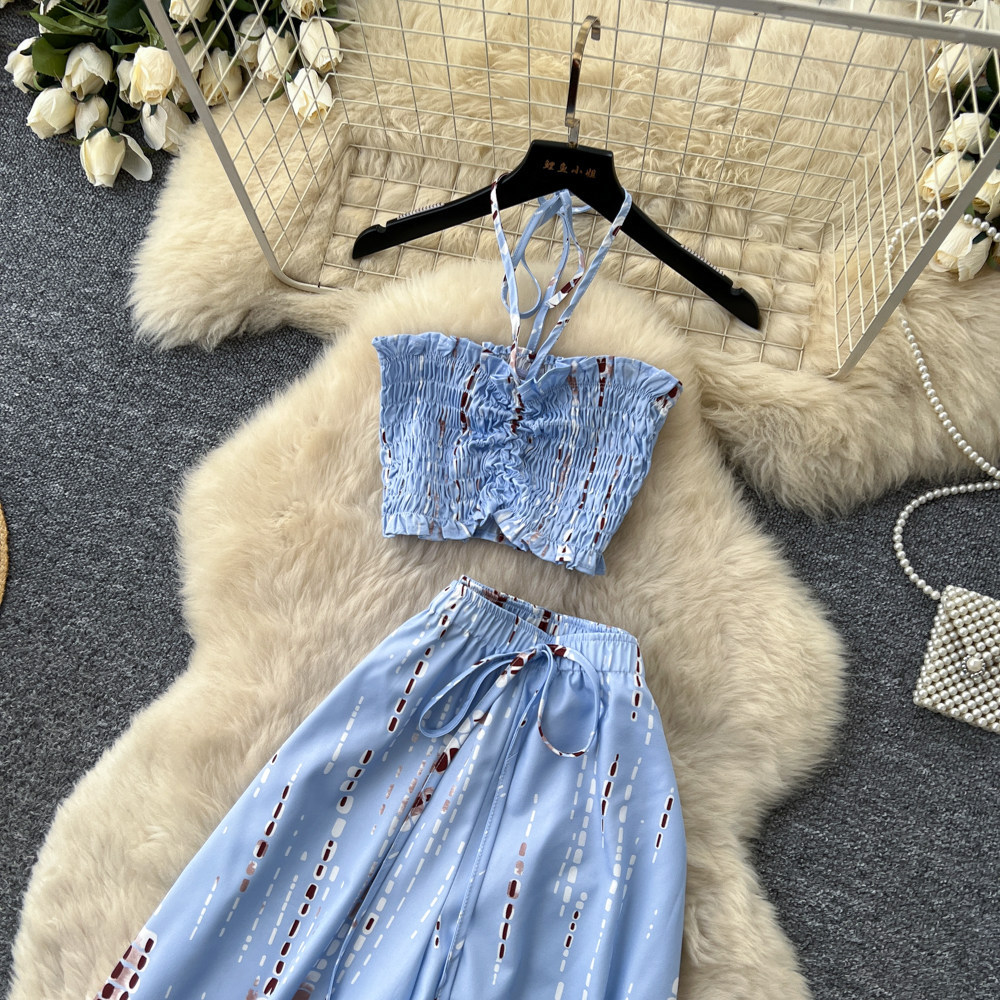 Summer Womens Two Piece Set Floral Print High Waist Wide Leg Pants Chic Style Perfect for Office or Casual Wear