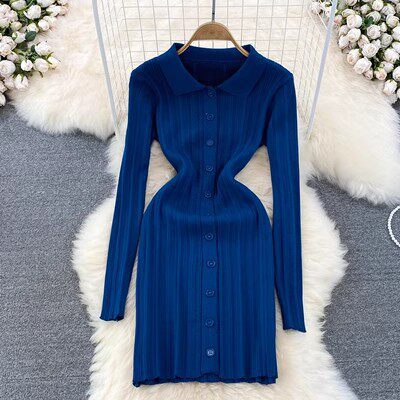 Vintage Inspired Long Sleeve Polo Dress Slim Fit Waist Defining Knitted Fabric Autumn Fashion for Women Wholesale