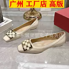 25 New Genuine Leather Metal Woven Plaid Square Buckle Flats Flats Shallow Mouth Square Toe Fashionable Versatile One-Leg Women's Shoes