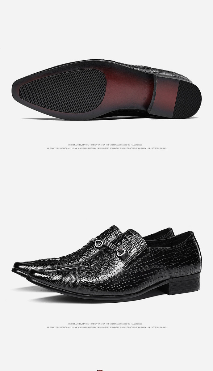 Giày lười nam mũi nhọn da bò thật dập nổi, giày slip-on công sở — Màu đen, Màu đỏ rượu