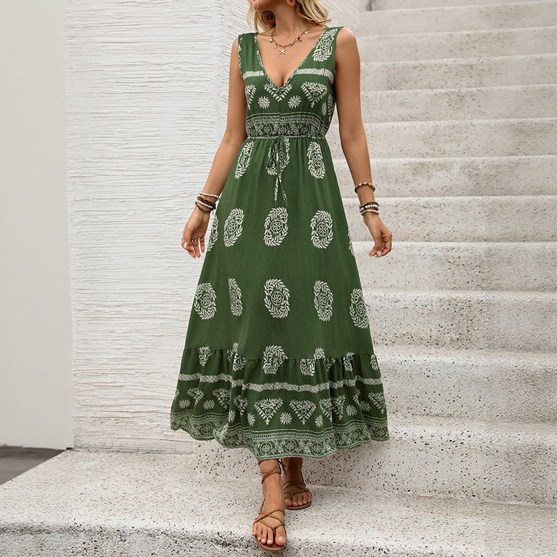 Sleeveless Bohemian Print Dress Vacation Style Adjustable Straps Comfortable Fabric Wholesale Available