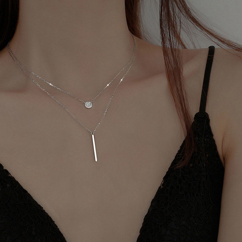 Cross-border geometric long flash diamond round double-layer necklace women's trendy simple fashion Diamond clavicle chain neck chain